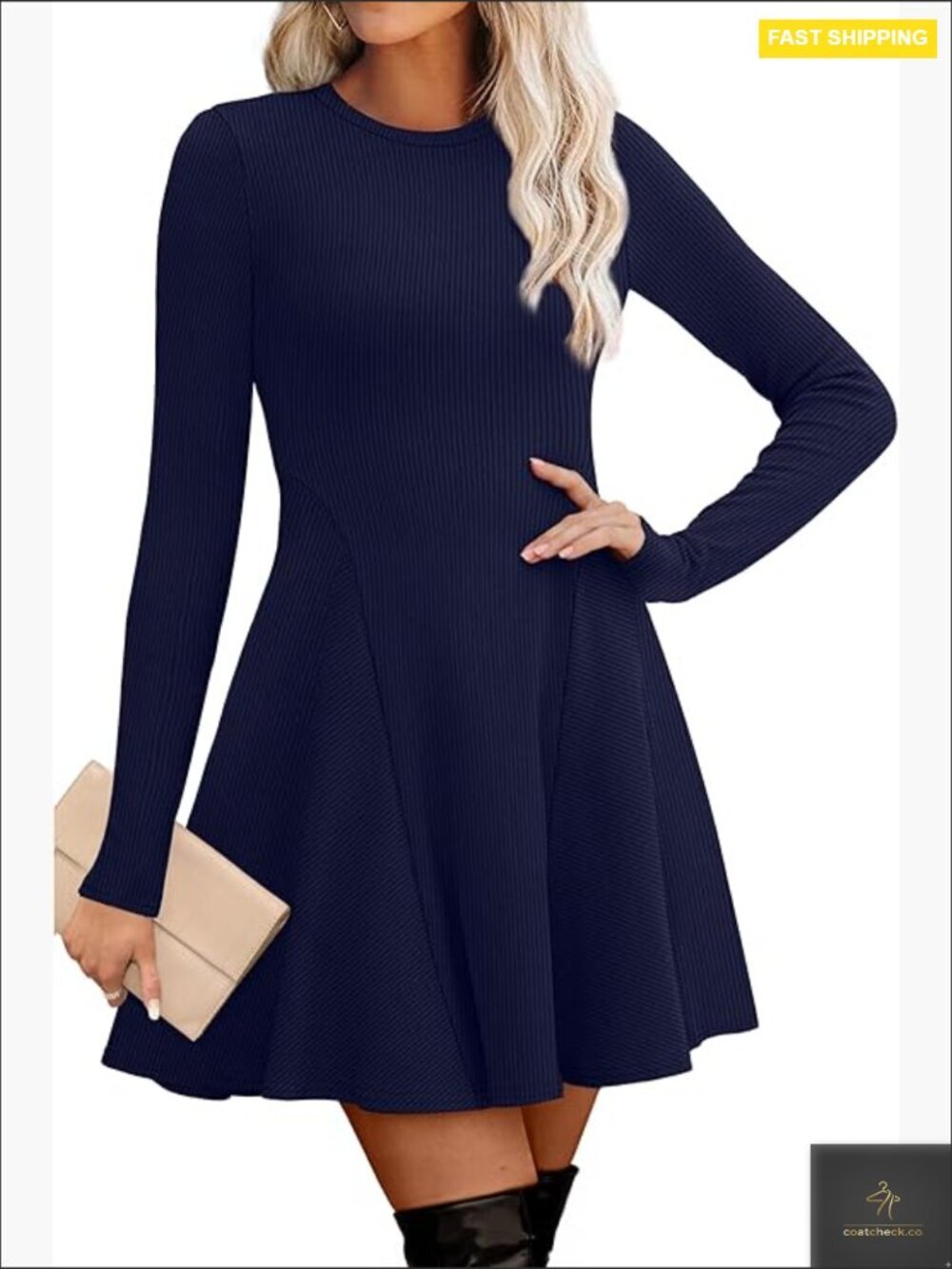 Ribbed Knit Sweater Dress Long Sleeve A-Line Fit and Flare Fall Casual